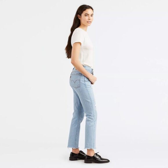 Levis Premium Wedgie Ankle Icon Blue Hi Rise Raw Hem Distressed Size 24 - Picture 2 of 15